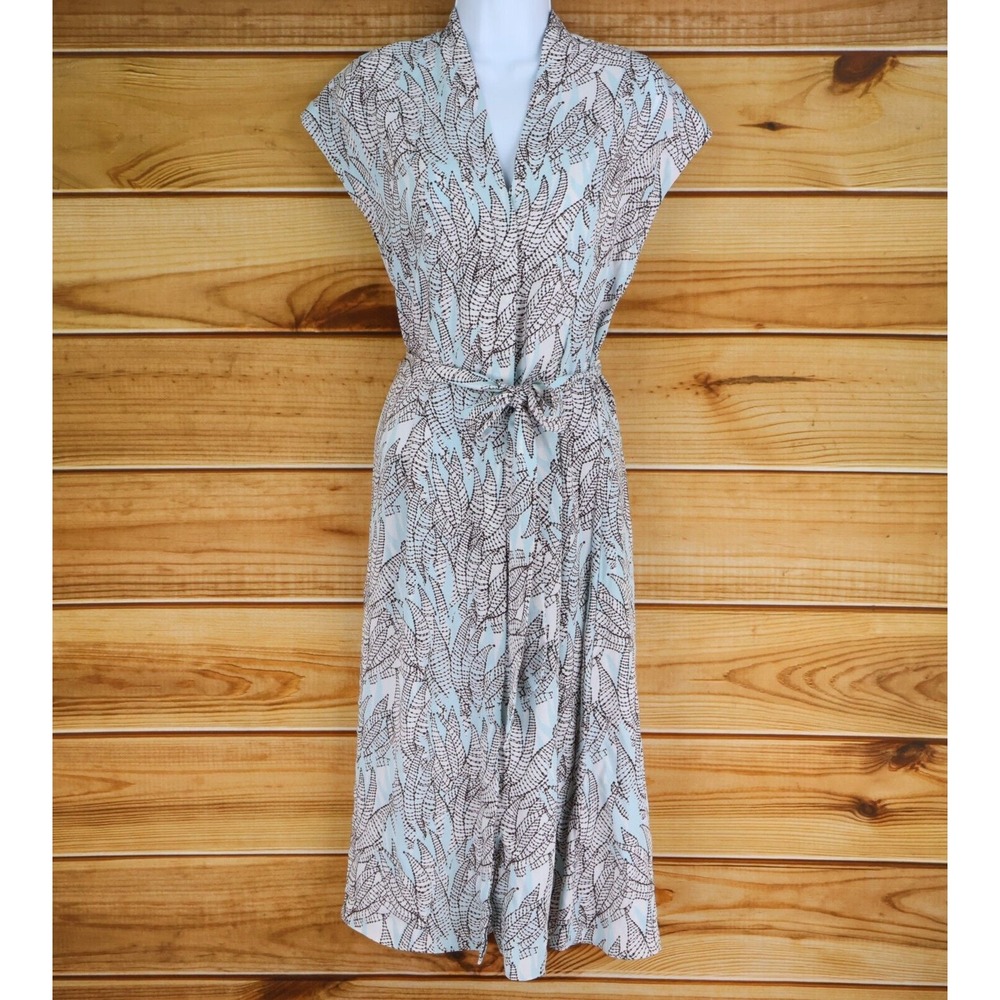 H&M Midi Dress Womens Size 4 Blue Floral 100% Polyester Belted V-Neck